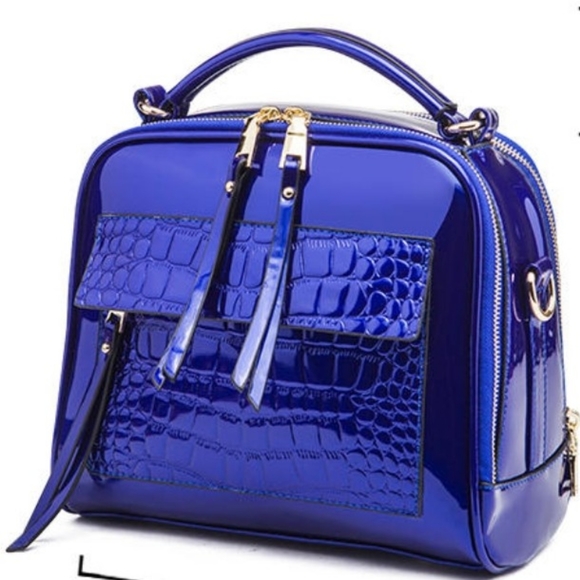 Vegan Handbags - Vegan Blue Patent Satchel Handbag